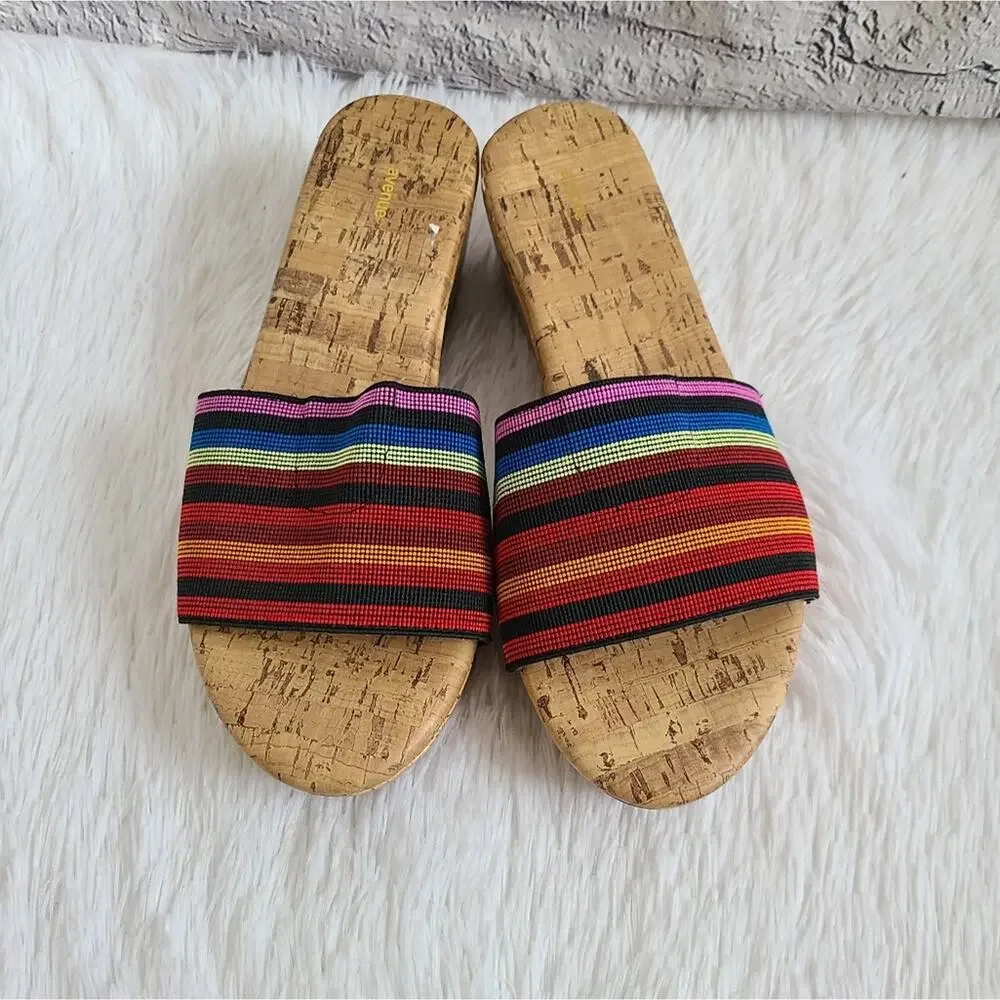 Avenue Greta Y2K Colorful Cork Wedge Heeled Flip Flops Size 10W